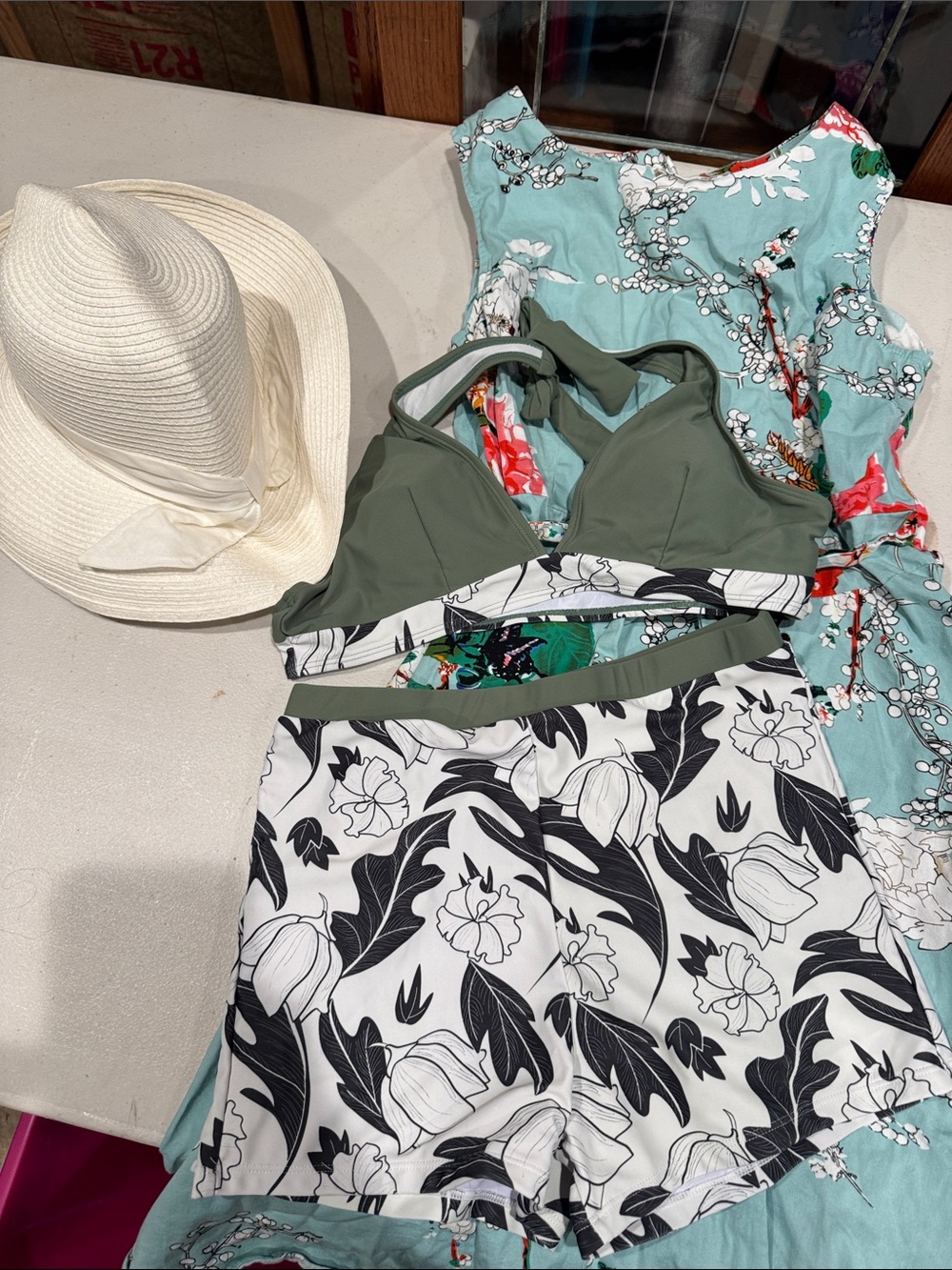 Flower dress Olive Green Bikini Top with Black & White Floral Shorts and hat